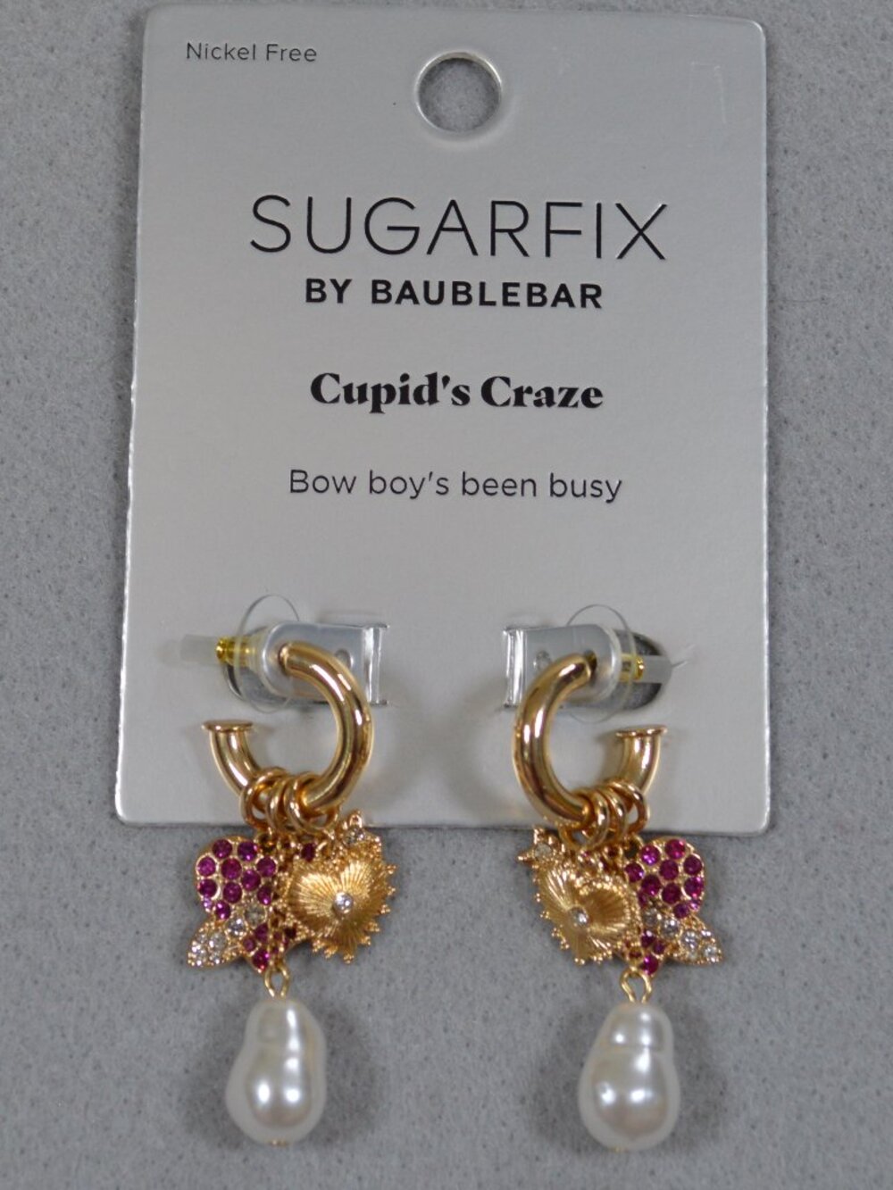 💖 Sugarfix BaubleBar Cupid Earrings Pink Gold Bow Pearl NWT - Picture 3 of 7